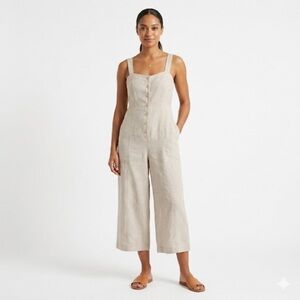 Garnet Hill Womens Linen Jumpsuit Button Front Wide Leg 12 lagenlook